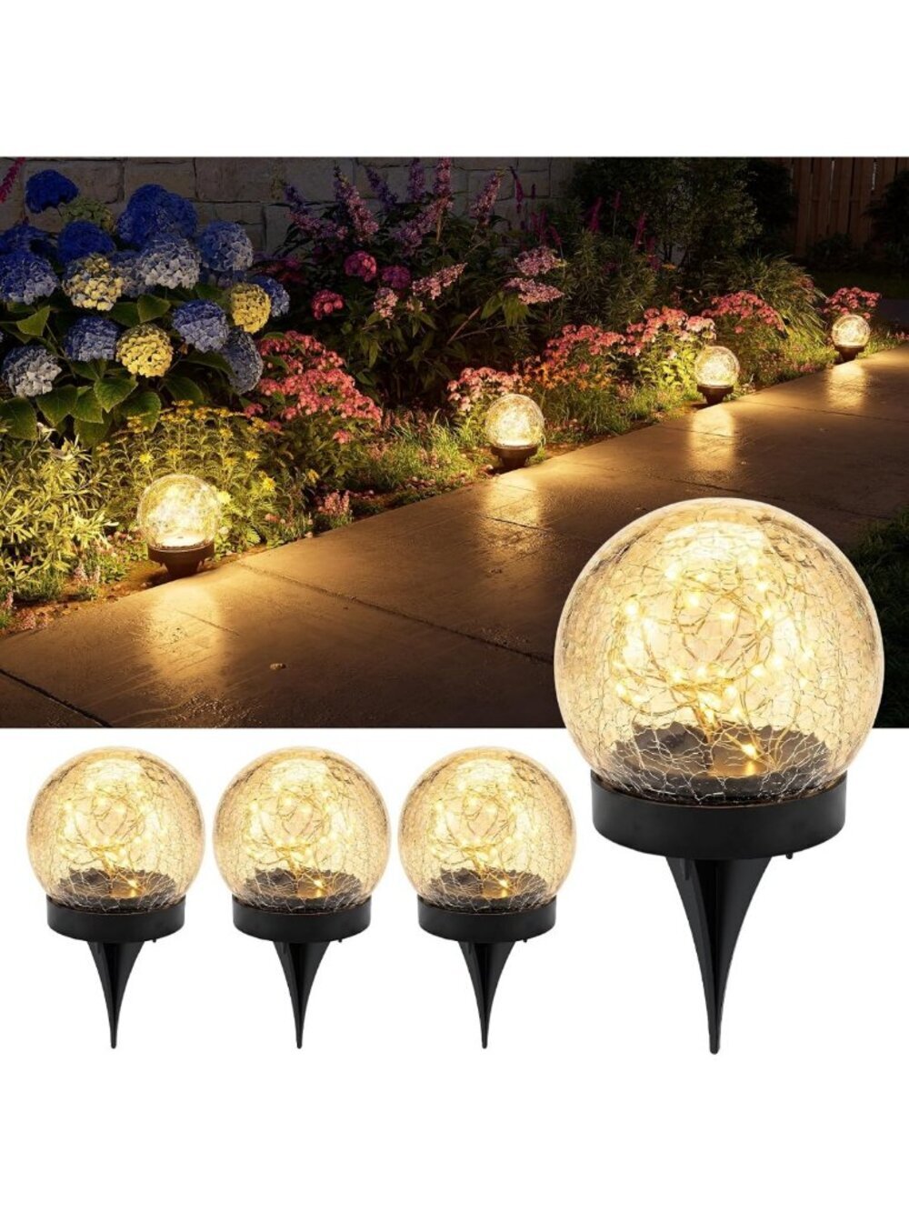 4 Pack Solar Powered Cracked Glass Globe Lights | Waterproof Outdoor Decor for